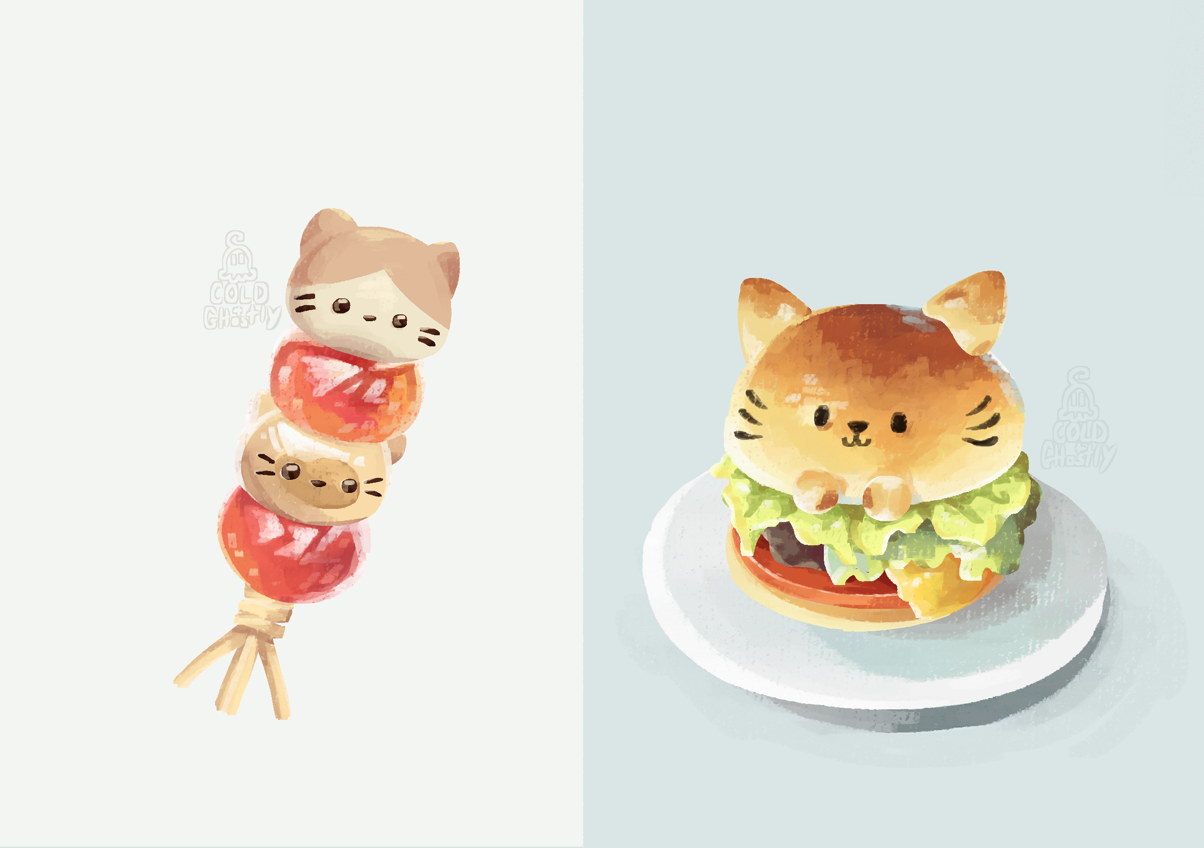 Two digital paintings. The first is of a burger made to look like a cat with a face drawn on with sauce and extra bits of bun to make the ears and paws. The second is of a tanghulu made of mochi and strawberries on a skewer and glazed with melted sugar, the mochi also has little cat faces drawn on them.